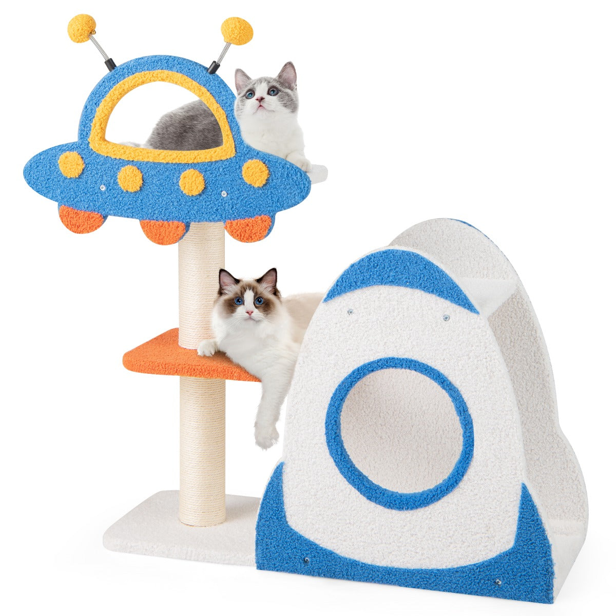 LIVSK thematische krabpaal - 4 verdiepingen met UFO-platform - Sisal-krabzuilen - Teddyplus bekleding - 80 x 33 x 87 cm - Blauw