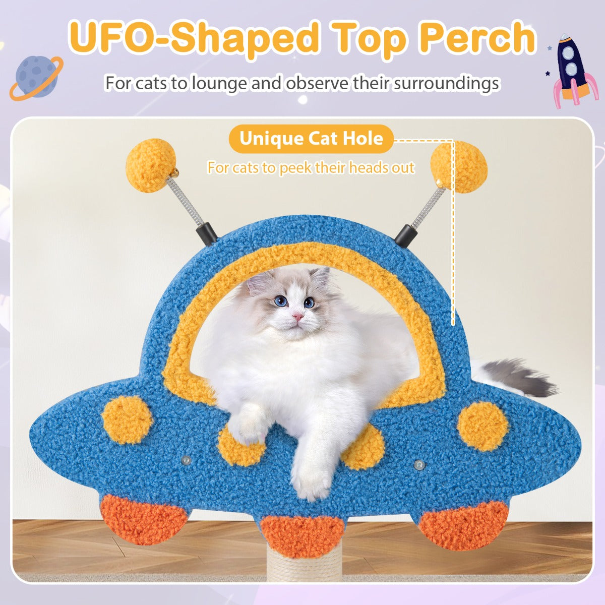 LIVSK thematische krabpaal - 4 verdiepingen met UFO-platform - Sisal-krabzuilen - Teddyplus bekleding - 80 x 33 x 87 cm - Blauw