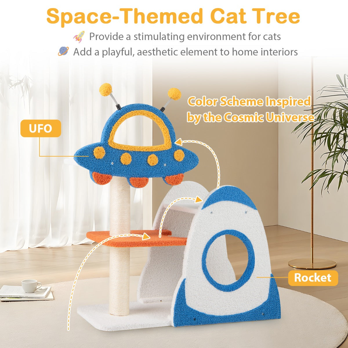 LIVSK thematische krabpaal - 4 verdiepingen met UFO-platform - Sisal-krabzuilen - Teddyplus bekleding - 80 x 33 x 87 cm - Blauw