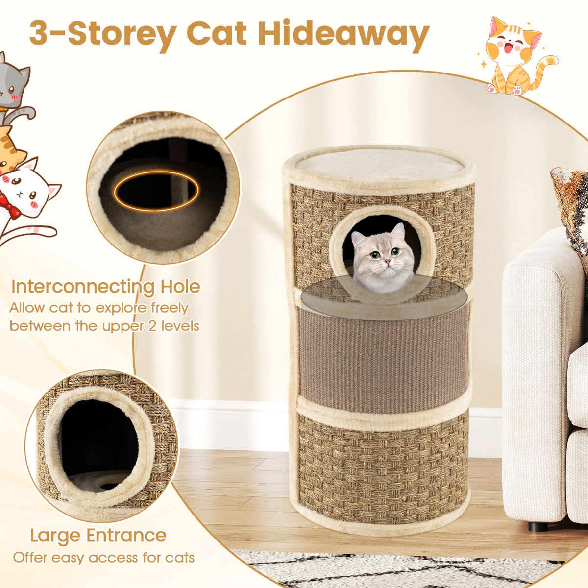 Livsk costway krabpaal met 3 verdiepingen 70 cm hoge kattenkroep met sisal krabplank knusse slaapplaats tonvormige kattentoren 6