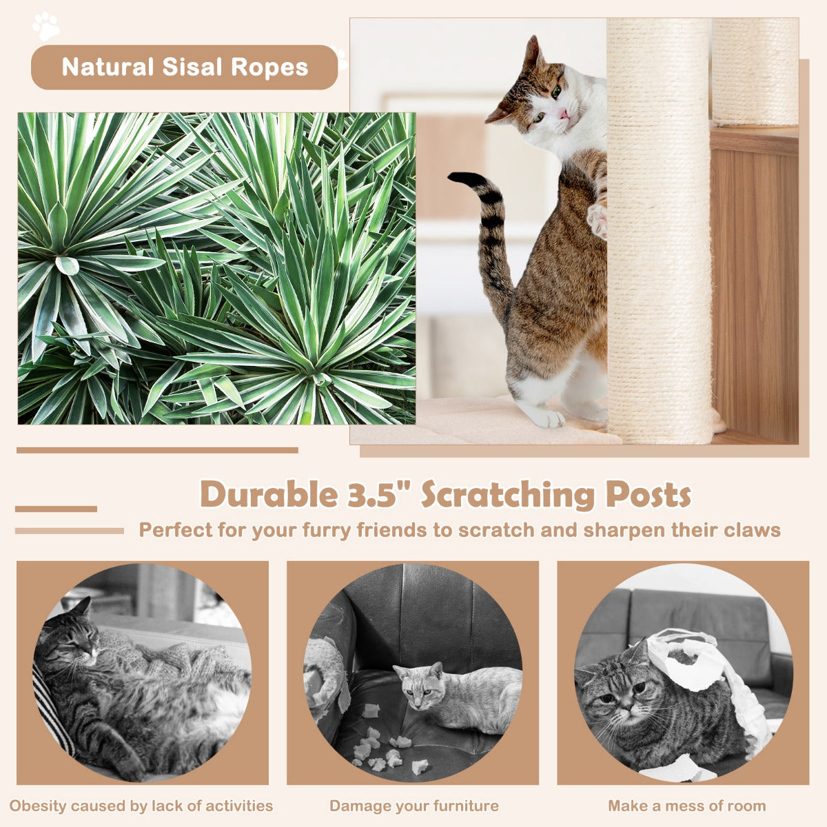 LIVSK Krabpaal voor Katten - 6-traps Speel- en Rustplek - Zacht Pluche - Duurzaam Hout - Tot 15 kg - Beige