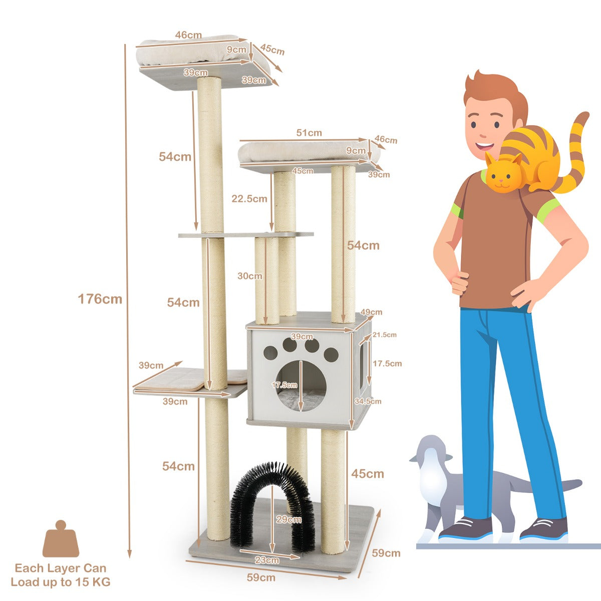 LIVSK Kattenkrabpaal met Zacht Pluche - Natuurlijke Sisalpalen - Activiteitencentrum - Hoogte 176 cm - Beige / Grijs
