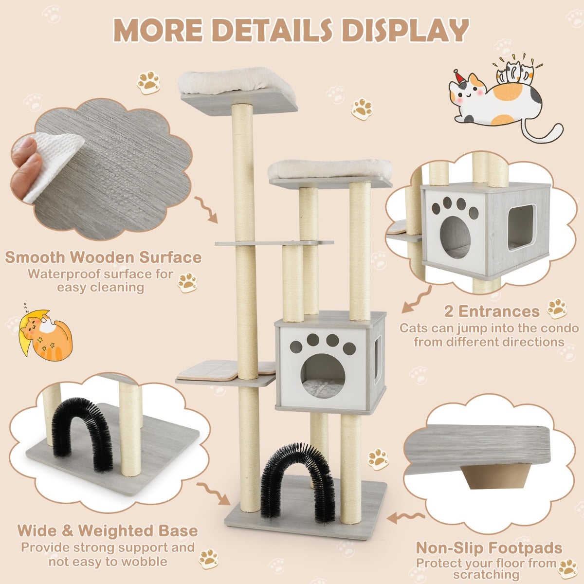 LIVSK Kattenkrabpaal met Zacht Pluche - Natuurlijke Sisalpalen - Activiteitencentrum - Hoogte 176 cm - Beige / Grijs