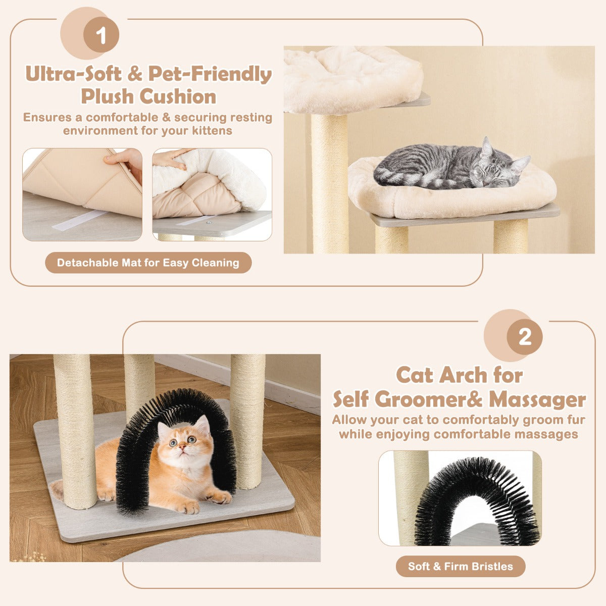 LIVSK Kattenkrabpaal met Zacht Pluche - Natuurlijke Sisalpalen - Activiteitencentrum - Hoogte 176 cm - Beige / Grijs