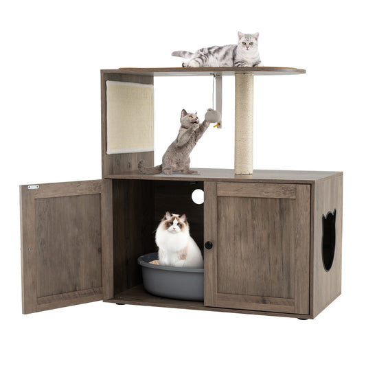 LIVSK Kattenmeubel met Krabpaal - 2-in-1 Design met Verborgen Kattenbak - Stabiele Constructie - 80 x 45 x 87,5 cm - Grijs + Wit