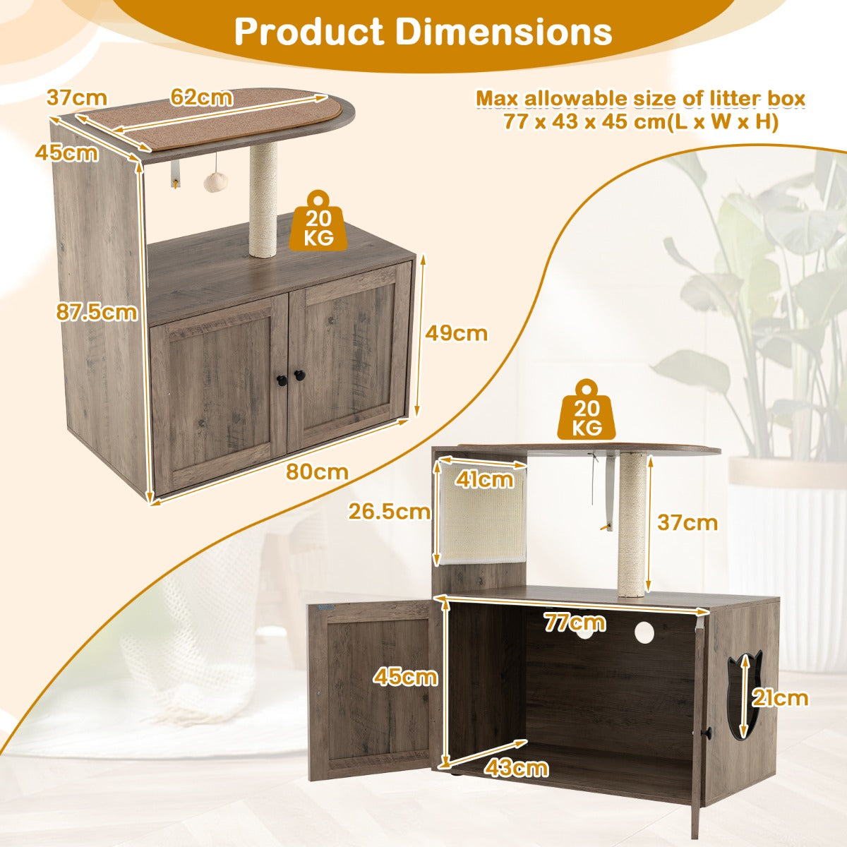 LIVSK Kattenmeubel met Krabpaal - 2-in-1 Design met Verborgen Kattenbak - Stabiele Constructie - 80 x 45 x 87,5 cm - Grijs + Wit