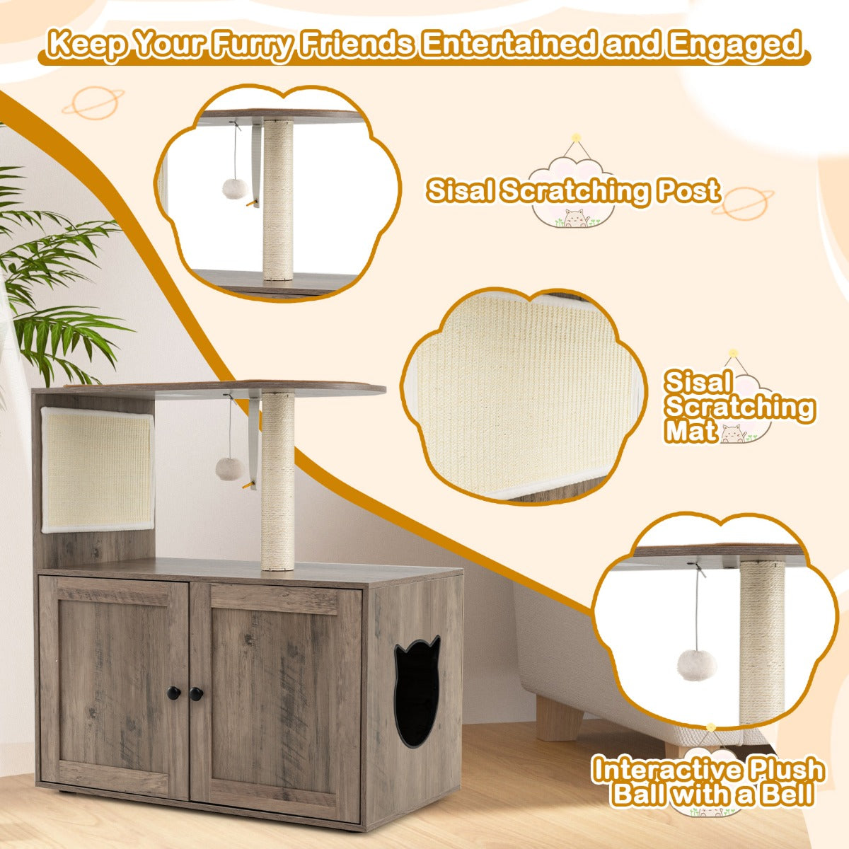LIVSK Kattenmeubel met Krabpaal - 2-in-1 Design met Verborgen Kattenbak - Stabiele Constructie - 80 x 45 x 87,5 cm - Grijs + Wit