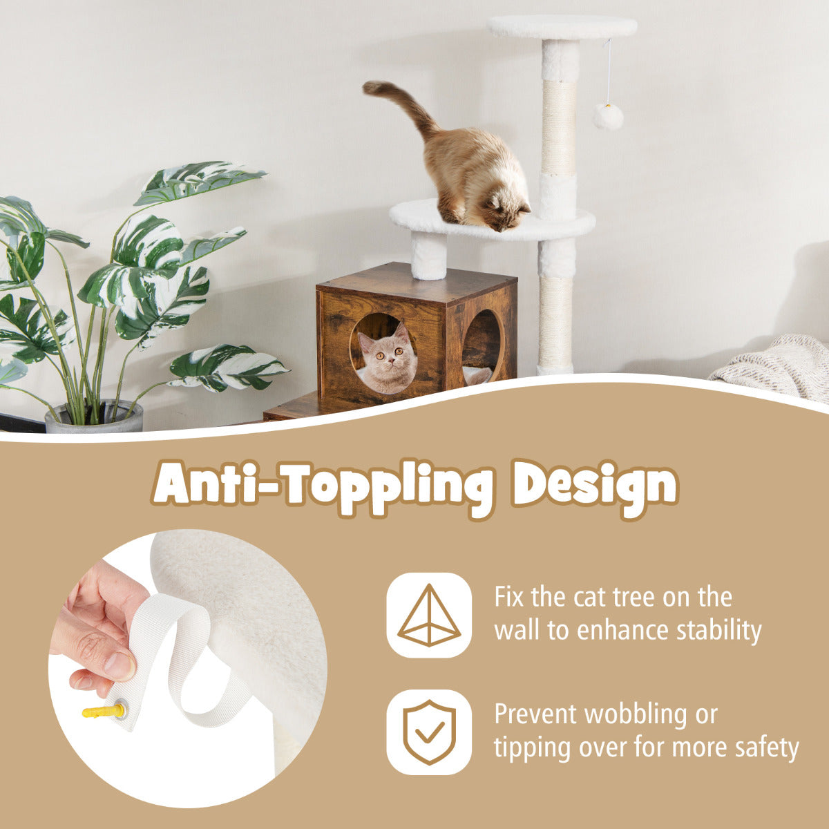LIVSK Kattenkast met Krabpaal - All-in-1 Kattenmeubel met Privacy - Stabiele Structuur - 77,5 x 49 x 132 cm - Bruin