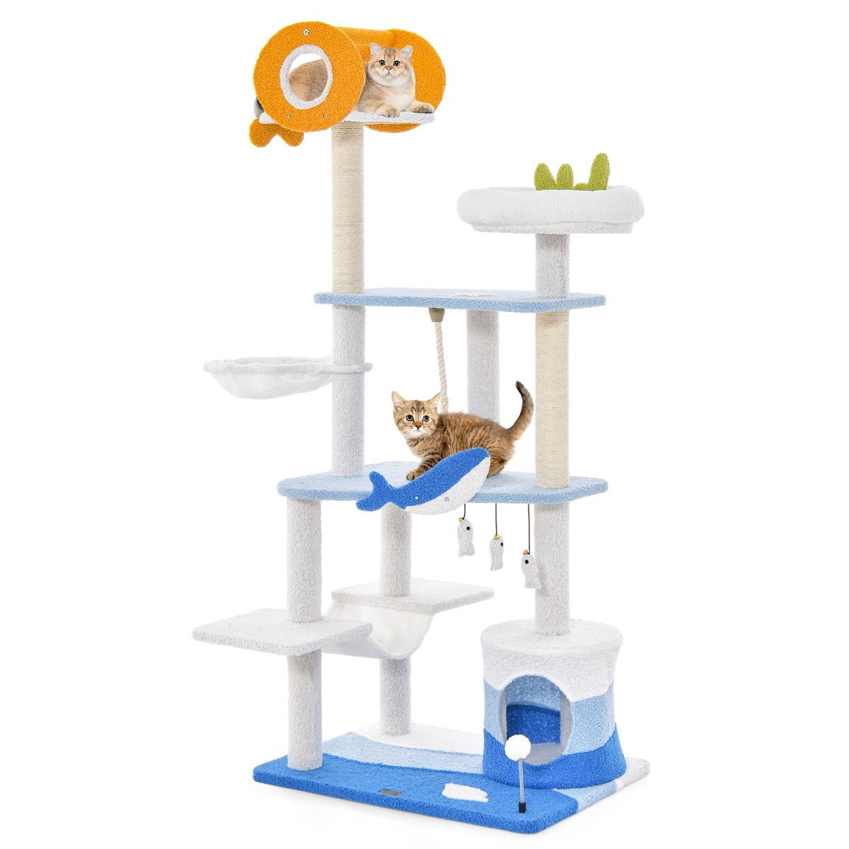 LIVSK Kattenactiviteitencentrum met Oceaanthema - Krabpaal met Hangmat en Mandbed - Comfortabel en Stabiel - 69 x 49 x 168 cm -