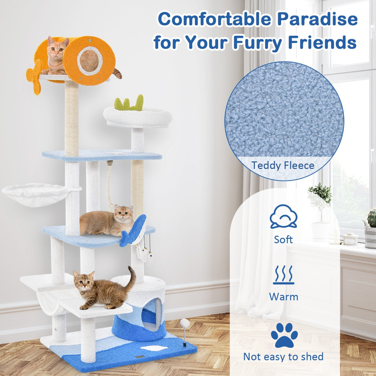 LIVSK Kattenactiviteitencentrum met Oceaanthema - Krabpaal met Hangmat en Mandbed - Comfortabel en Stabiel - 69 x 49 x 168 cm -