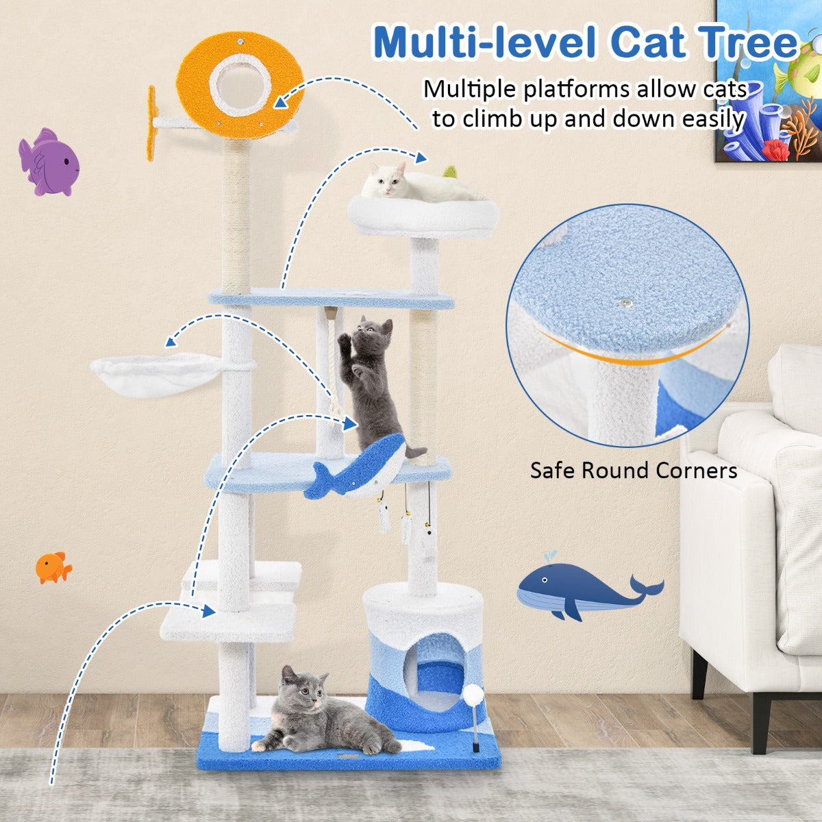 LIVSK Kattenactiviteitencentrum met Oceaanthema - Krabpaal met Hangmat en Mandbed - Comfortabel en Stabiel - 69 x 49 x 168 cm -