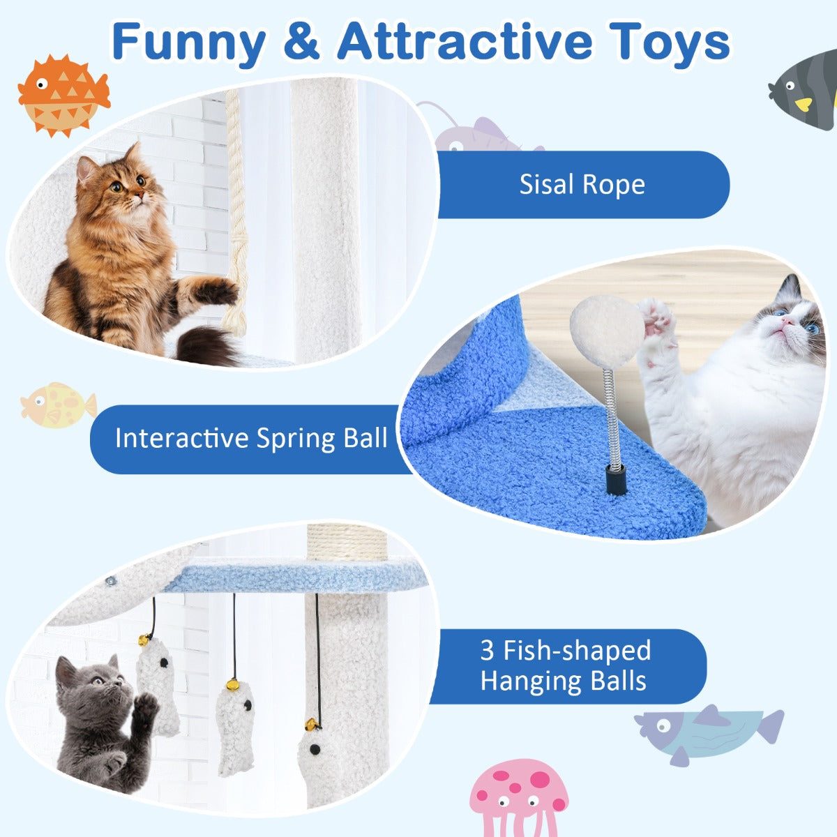 LIVSK Kattenactiviteitencentrum met Oceaanthema - Krabpaal met Hangmat en Mandbed - Comfortabel en Stabiel - 69 x 49 x 168 cm -
