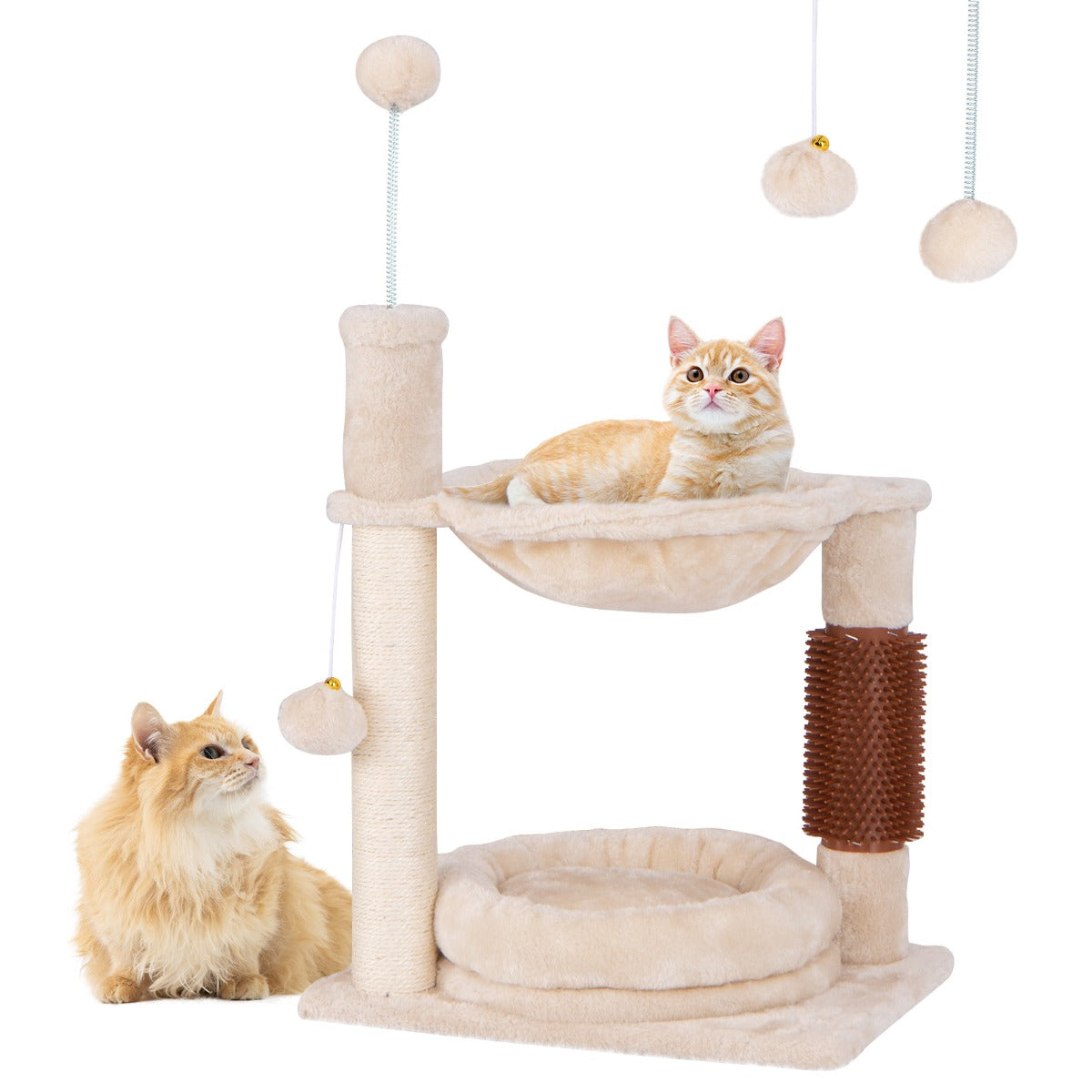 LIVSK Pluche Krabpaal met 2 Verdiepingen - Hangmat en Zelfborstel - Natuurlijke Sisal - Compact voor Binnenkatten - Beige