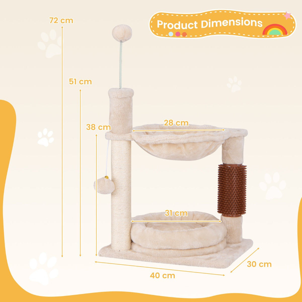 LIVSK Pluche Krabpaal met 2 Verdiepingen - Hangmat en Zelfborstel - Natuurlijke Sisal - Compact voor Binnenkatten - Beige