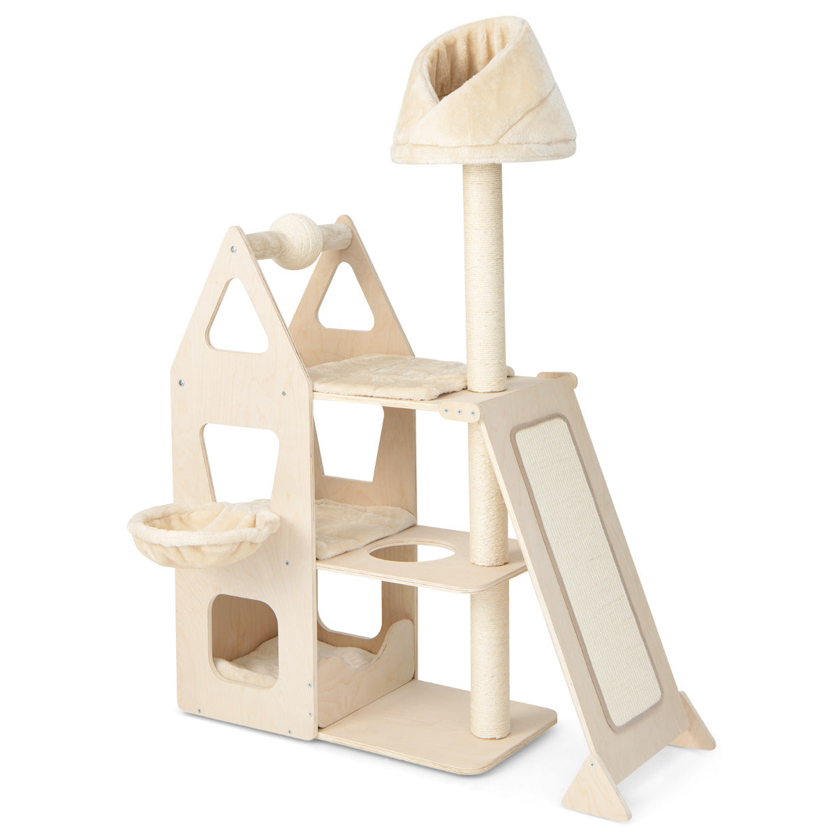 LIVSK Meerlaagse Kattenkrabpaal - Draaibare Krabbal - 5 Ligplekken - Massief Hout - Stabiel en Comfortabel - Beige