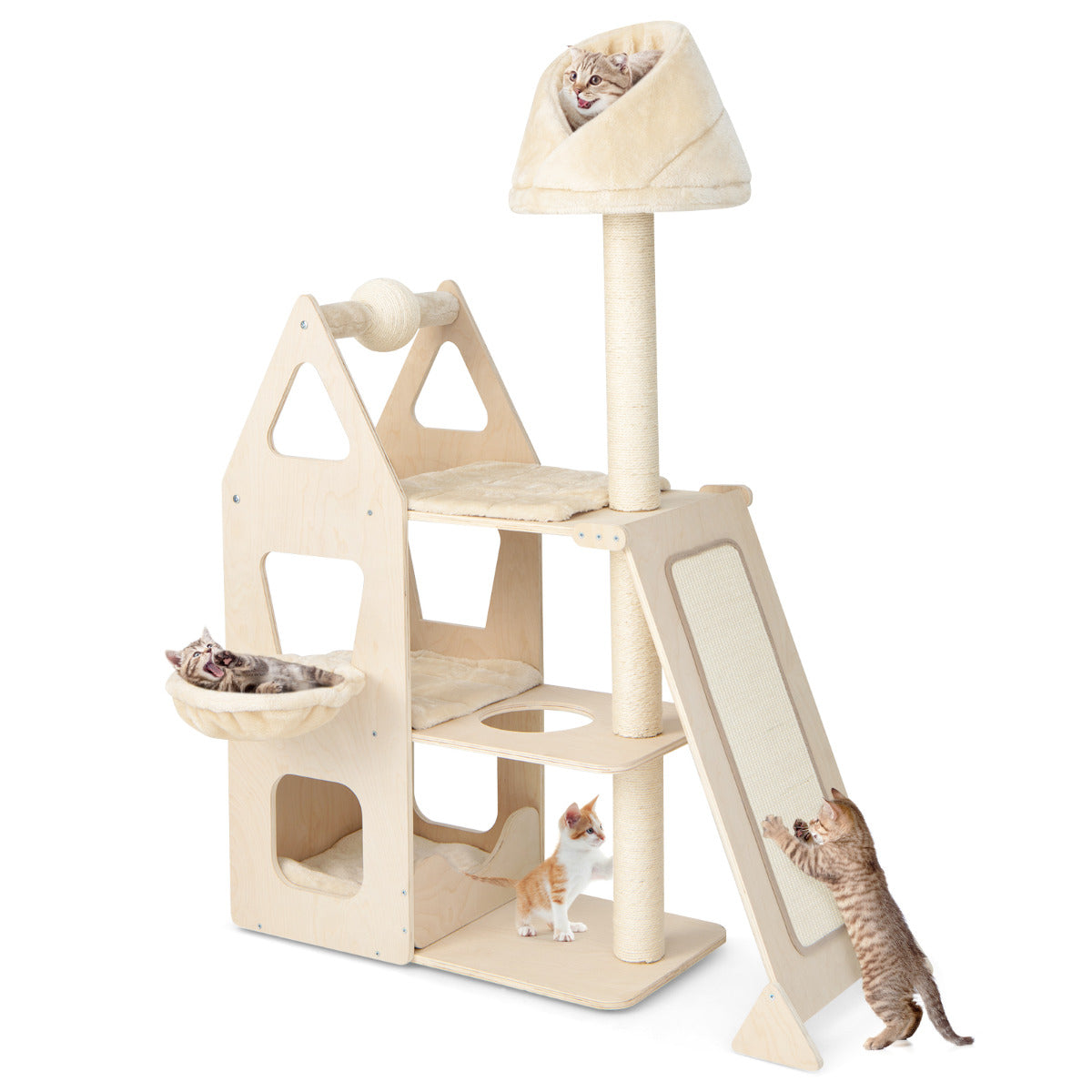 LIVSK Meerlaagse Kattenkrabpaal - Draaibare Krabbal - 5 Ligplekken - Massief Hout - Stabiel en Comfortabel - Beige