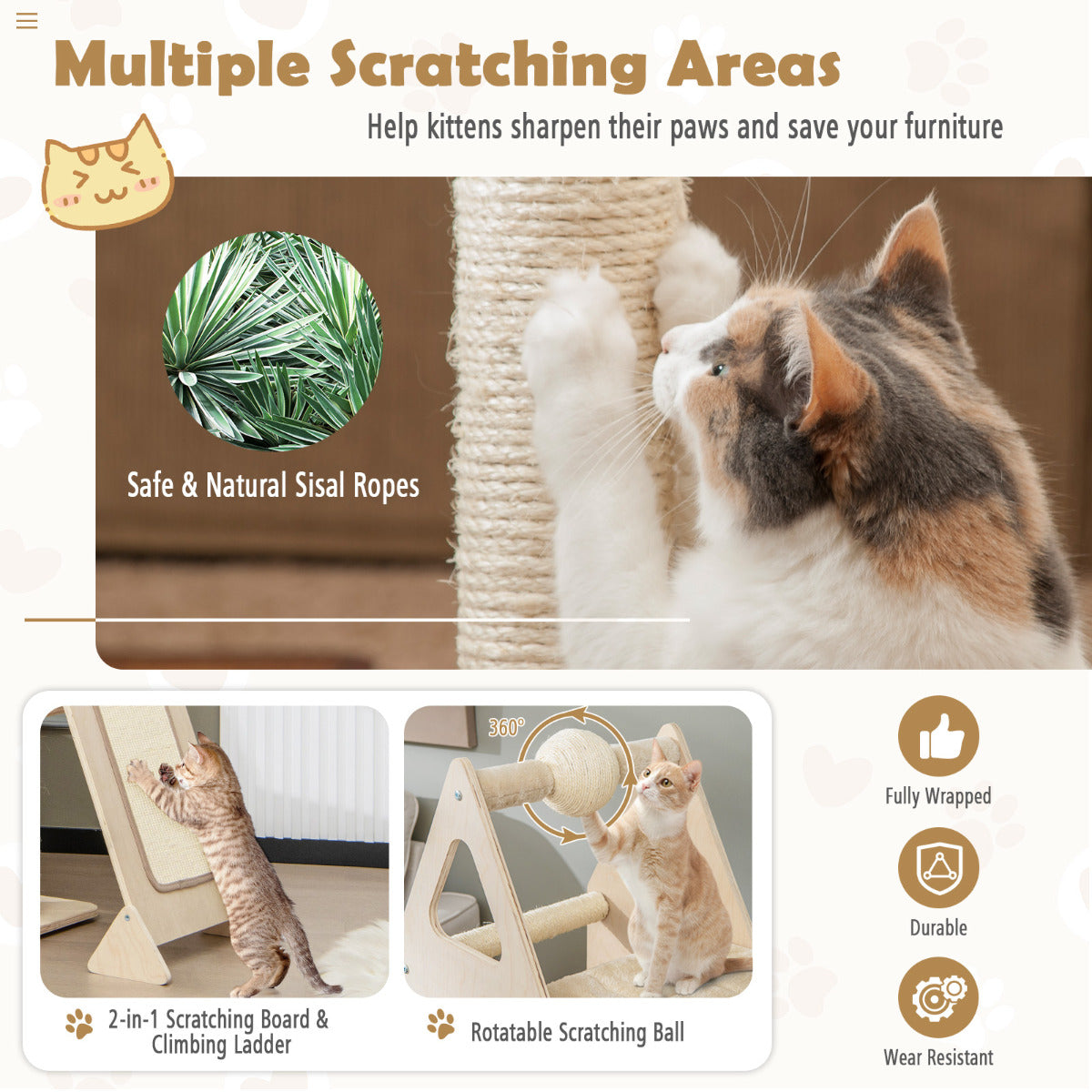 LIVSK Meerlaagse Kattenkrabpaal - Draaibare Krabbal - 5 Ligplekken - Massief Hout - Stabiel en Comfortabel - Beige