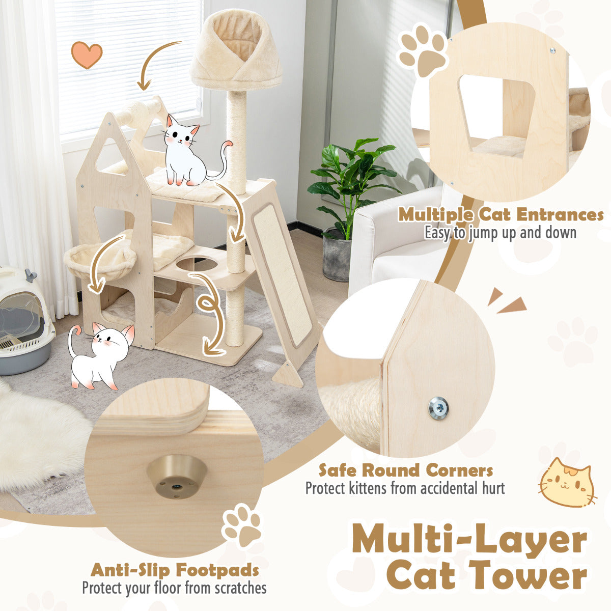 LIVSK Meerlaagse Kattenkrabpaal - Draaibare Krabbal - 5 Ligplekken - Massief Hout - Stabiel en Comfortabel - Beige