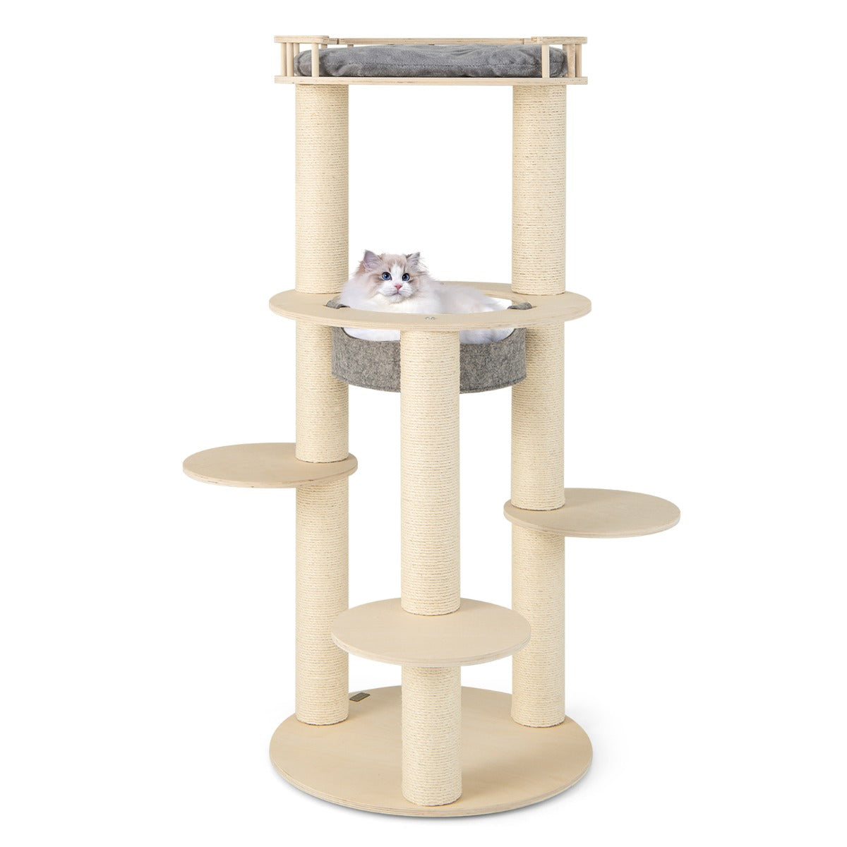 LIVSK 5-traps Kattenkrabpaal - Comfortabele Hangmat - Dikke Sisalpalen - Stabiele Multiplex Platforms - Tot 15 kg - Grijs + Natuur