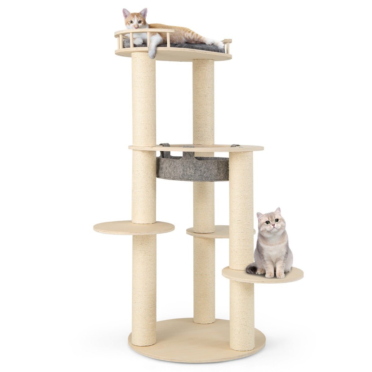 LIVSK 5-traps Kattenkrabpaal - Comfortabele Hangmat - Dikke Sisalpalen - Stabiele Multiplex Platforms - Tot 15 kg - Grijs + Natuur