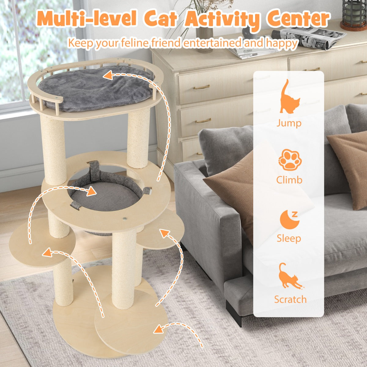 LIVSK 5-traps Kattenkrabpaal - Comfortabele Hangmat - Dikke Sisalpalen - Stabiele Multiplex Platforms - Tot 15 kg - Grijs + Natuur