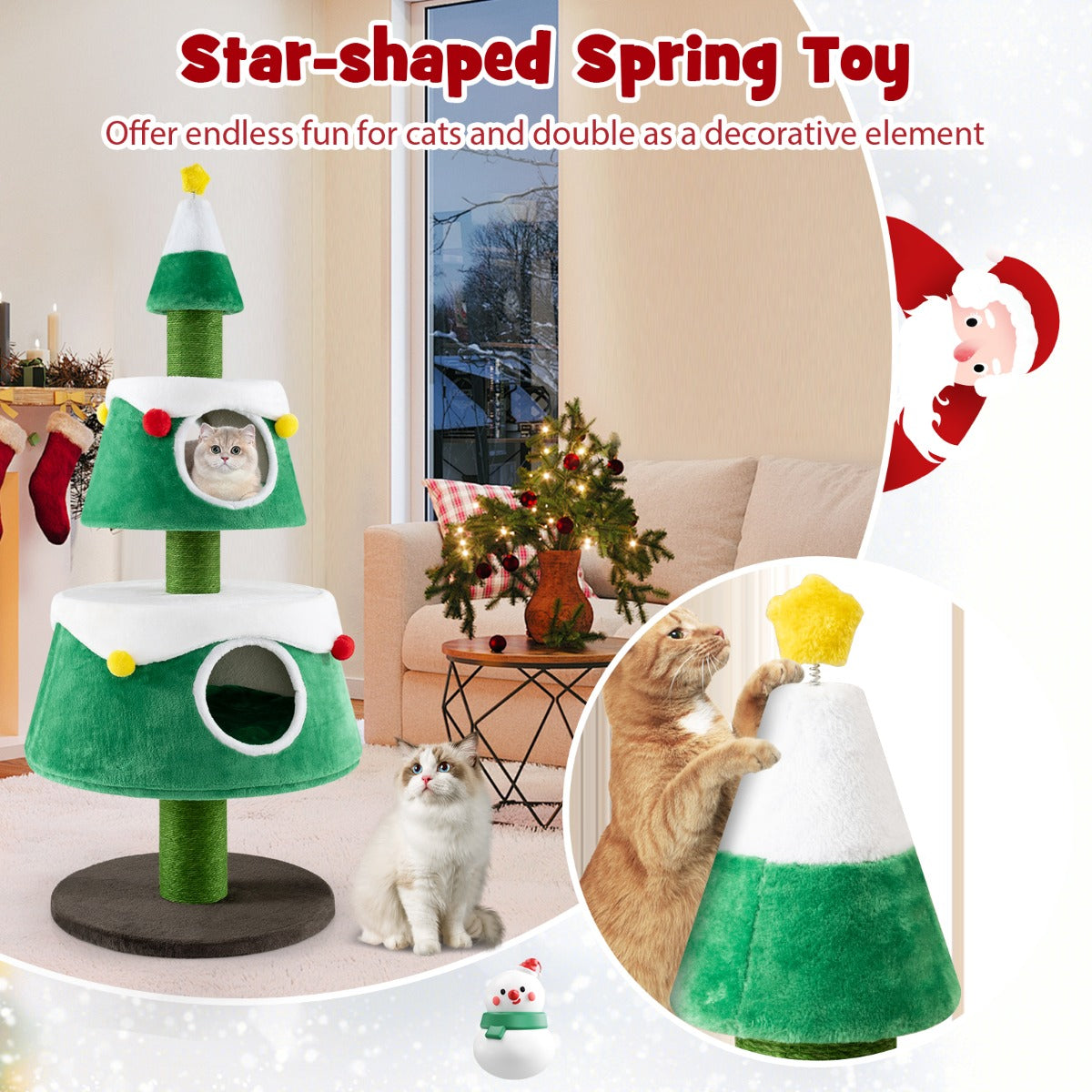 Livsk costway krabpaal voor kerstmis schattige kattenboom met 2 kattenholtes sisal krabzuilen speelgoed pluche kussen kattenmeubel 5