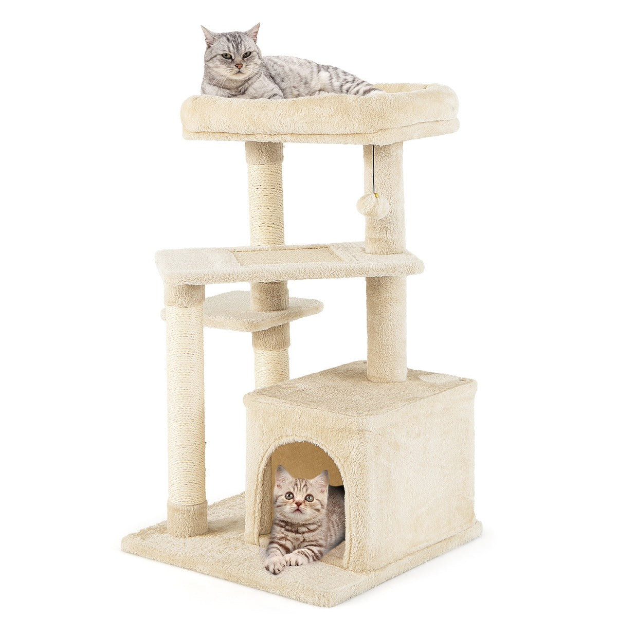 LIVSK Krabpaal voor Kittens - 4 Verdiepingen - Zacht Ligvlak - Speelballetje - Stevige Basis - 63 x 56,5 x 85 cm - Beige