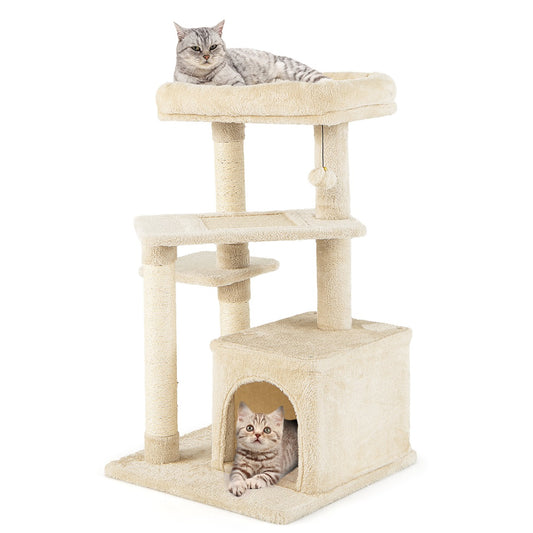 LIVSK Krabpaal voor Kittens - 4 Verdiepingen - Zacht Ligvlak - Speelballetje - Stevige Basis - 63 x 56,5 x 85 cm - Beige