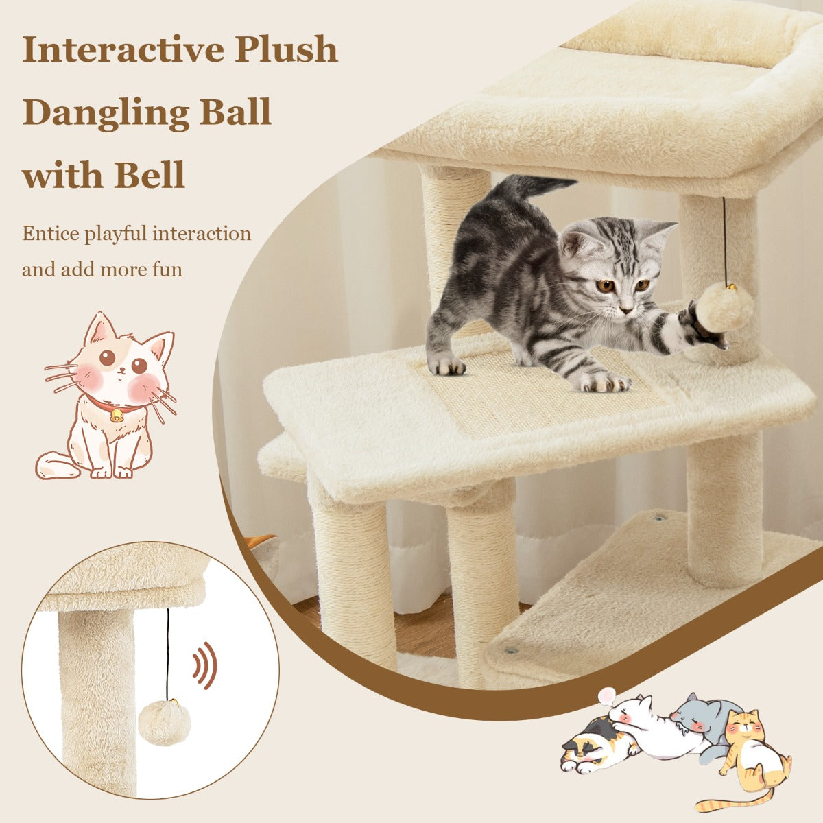 LIVSK Krabpaal voor Kittens - 4 Verdiepingen - Zacht Ligvlak - Speelballetje - Stevige Basis - 63 x 56,5 x 85 cm - Beige