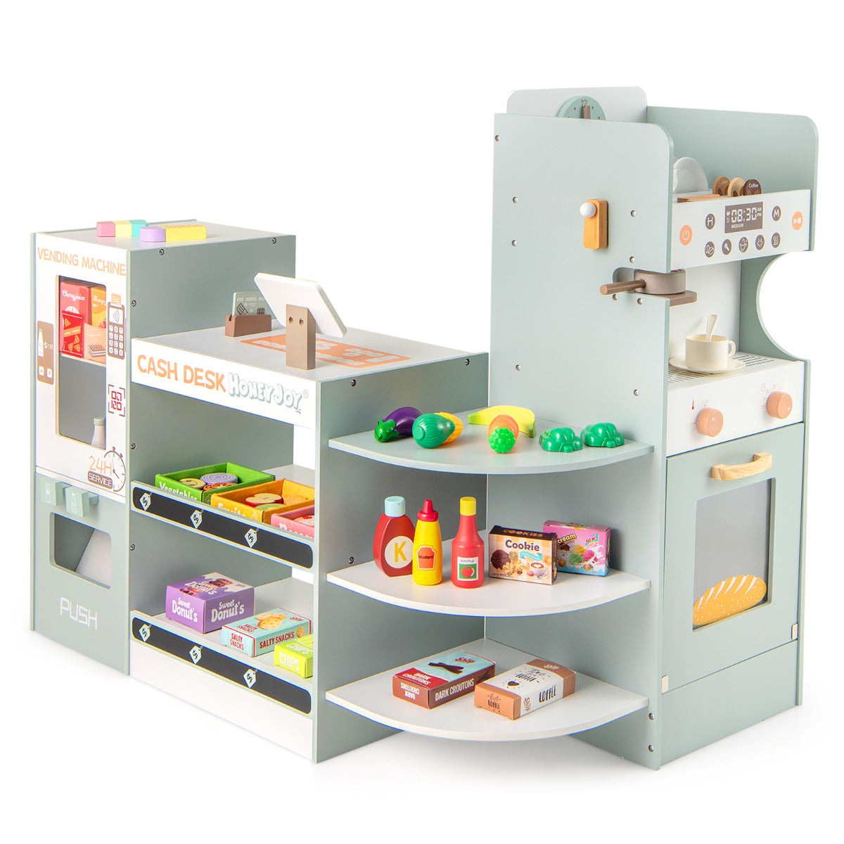 Livsk costway kruidenierspeelset voor kinderen houten supermarkt met automaat kassa koffiezetapparaat oven schappen speelaccessoires 1 1