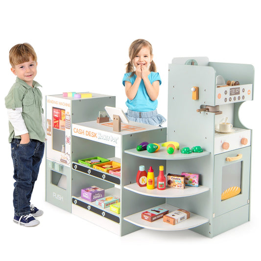 Livsk costway kruidenierspeelset voor kinderen houten supermarkt met automaat kassa koffiezetapparaat oven schappen speelaccessoires