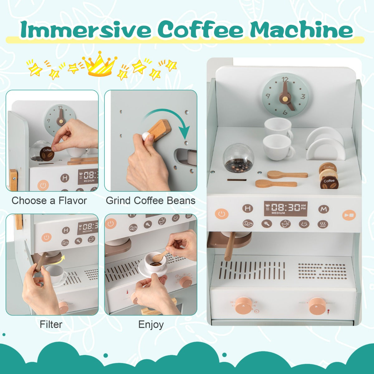 Livsk costway kruidenierspeelset voor kinderen houten supermarkt met automaat kassa koffiezetapparaat oven schappen speelaccessoires 6