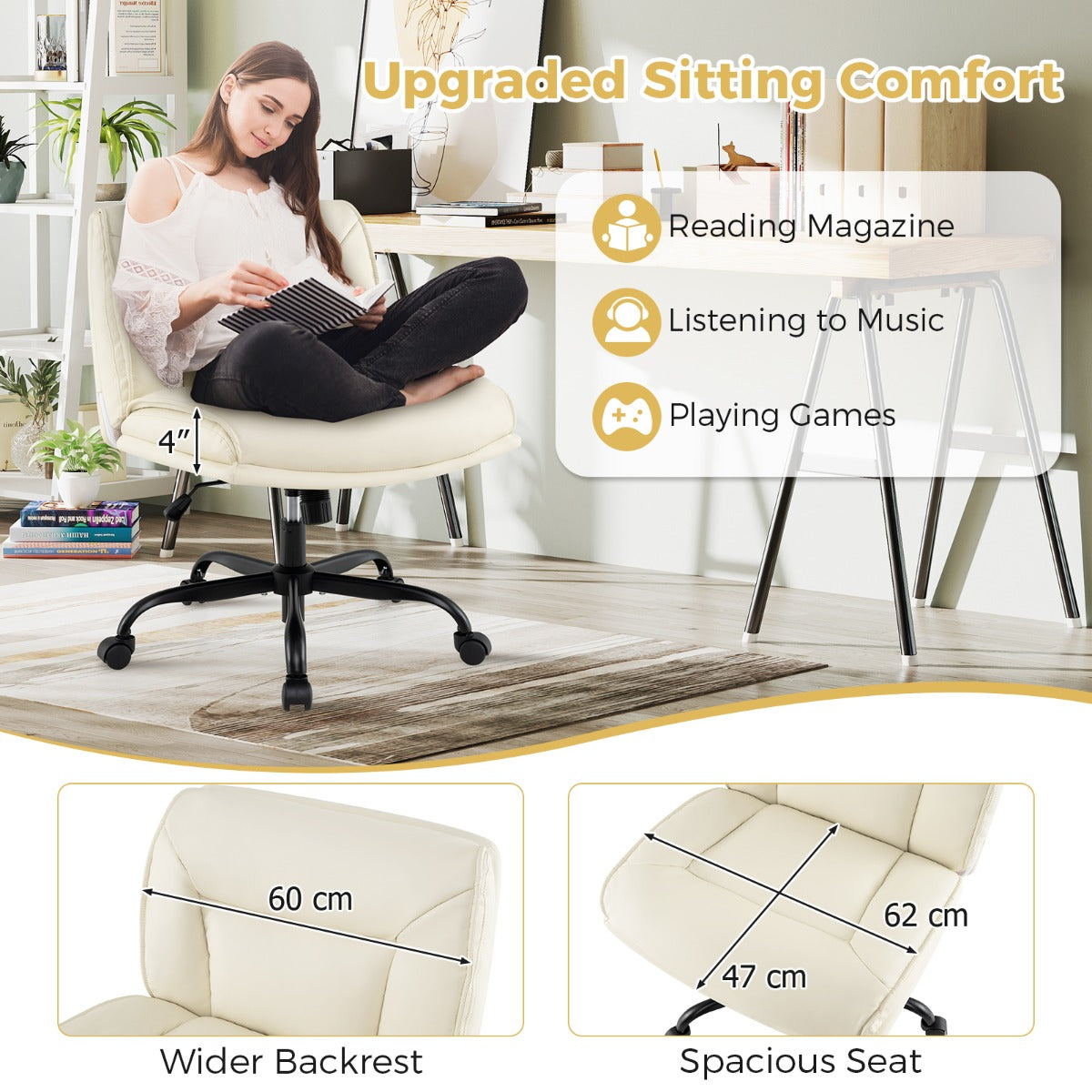 LIVSK Draaistoel voor Thuis - In hoogte verstelbaar - Kantelbare rugleuning - Kunstleer - Comfortabele zitting - Beige