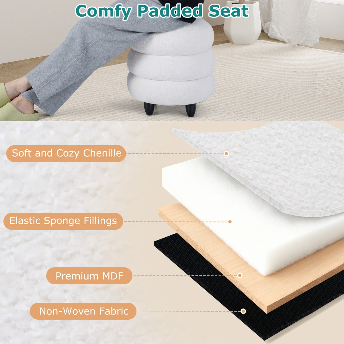 Livsk costway kruk met opbergruimte 405 x 445 cm chenille kruk met afneembare deksel en rubberhouten poten 3