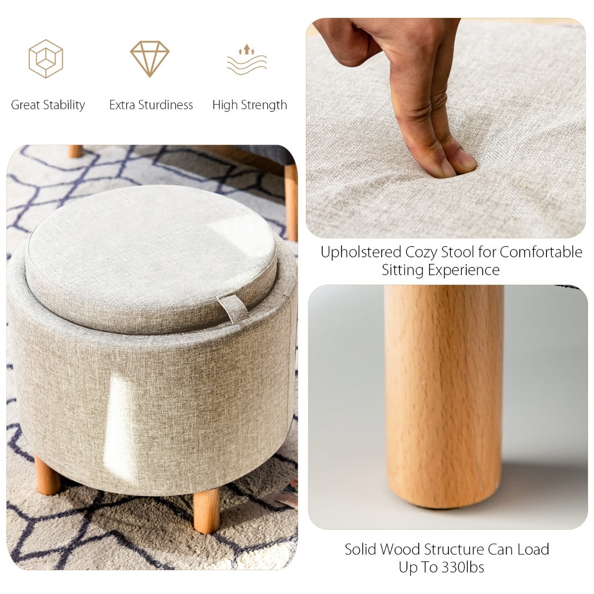 LIVSK Ronde Opbergpoef van Fluweel - Afneembaar Deksel - Opbergruimte - Belastbaar tot 150 kg - 44 x 44 x 42 cm - Beige