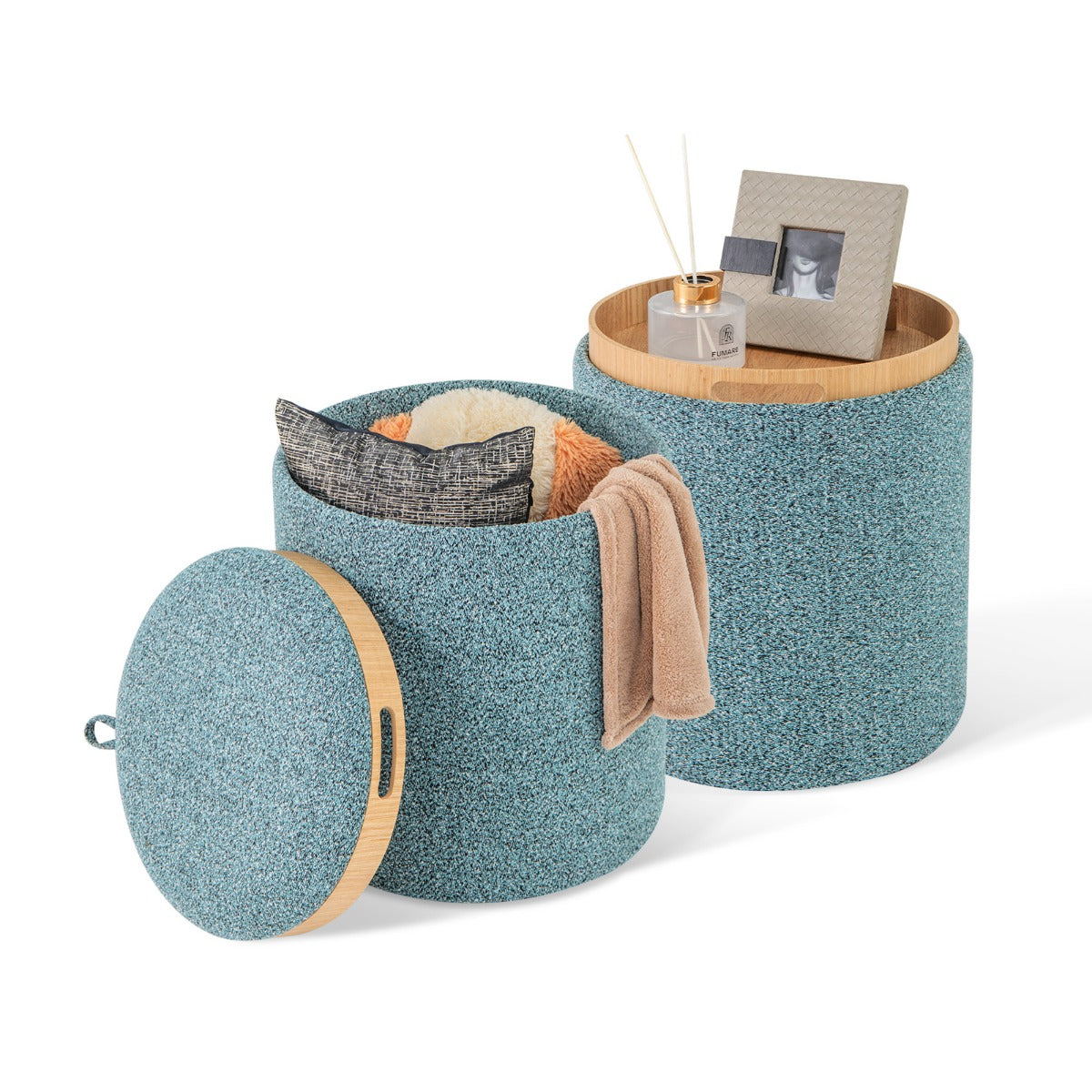 LIVSK Ronde Voetenbank Set van 2 - Omkeerbaar Deksel - 41L en 25L Opbergruimte - Multifunctioneel - Blauw