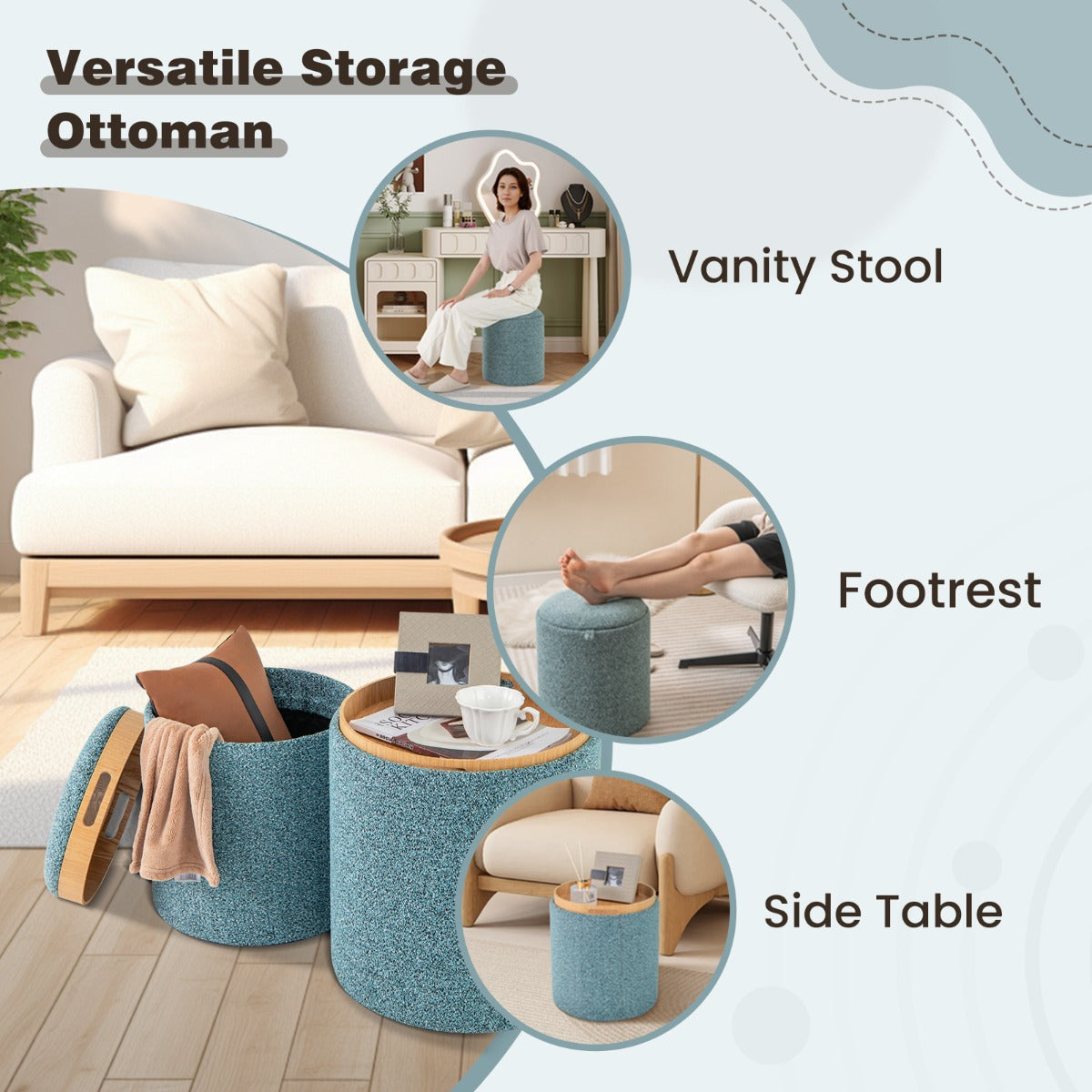LIVSK Ronde Voetenbank Set van 2 - Omkeerbaar Deksel - 41L en 25L Opbergruimte - Multifunctioneel - Blauw