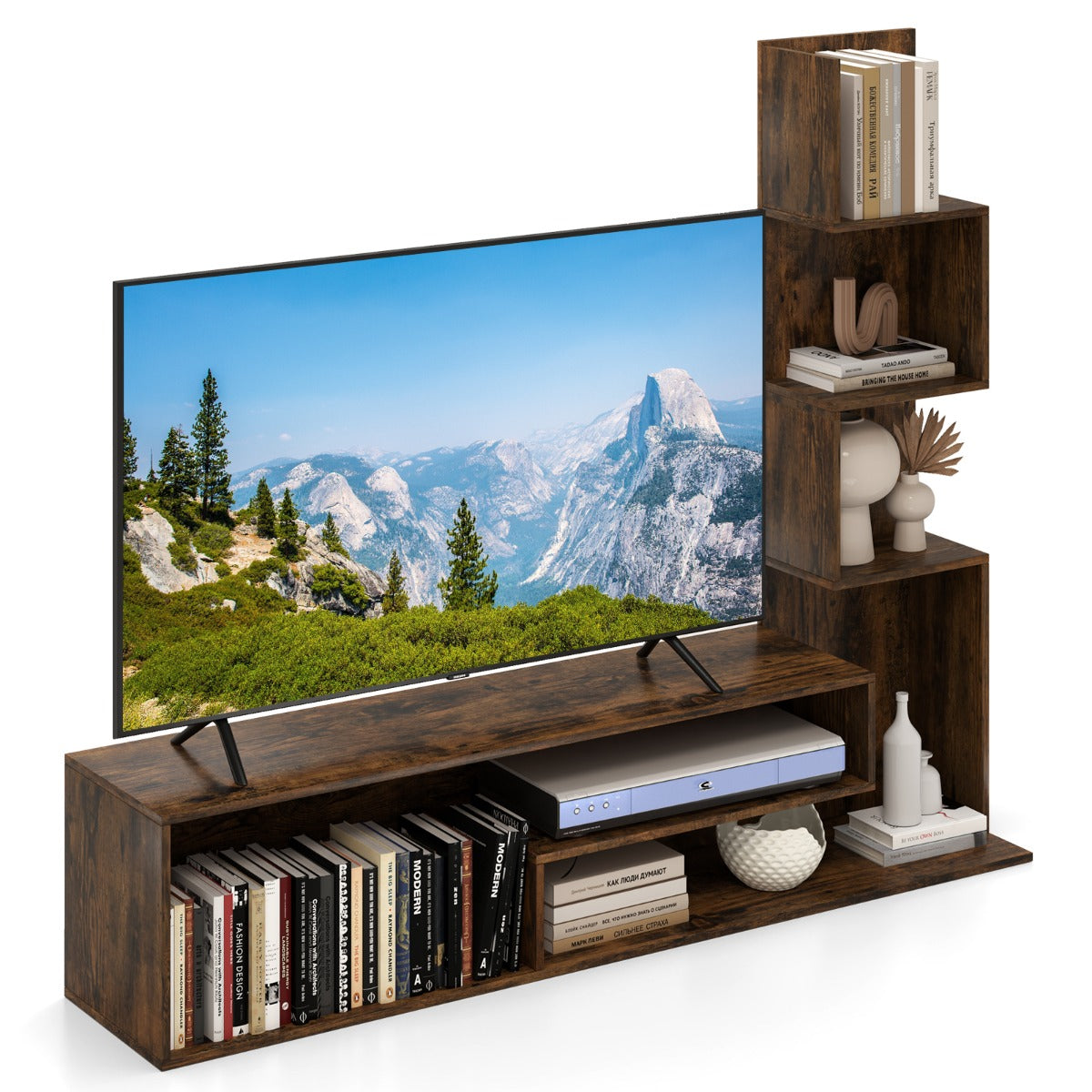 LIVSK TV-standaard voor 50" TV's - L-vormige opbergplanken - Inclusief anti-kantelset - 144,5 x 29,5 x 121 cm - Wit/Bruin