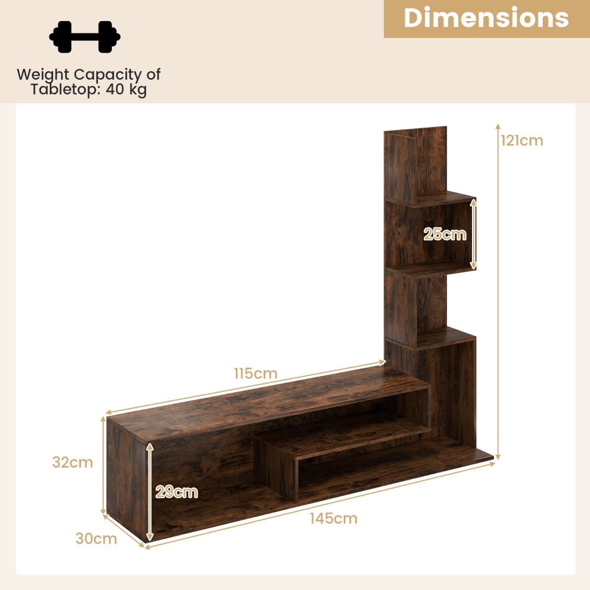 LIVSK TV-standaard voor 50" TV's - L-vormige opbergplanken - Inclusief anti-kantelset - 144,5 x 29,5 x 121 cm - Wit/Bruin