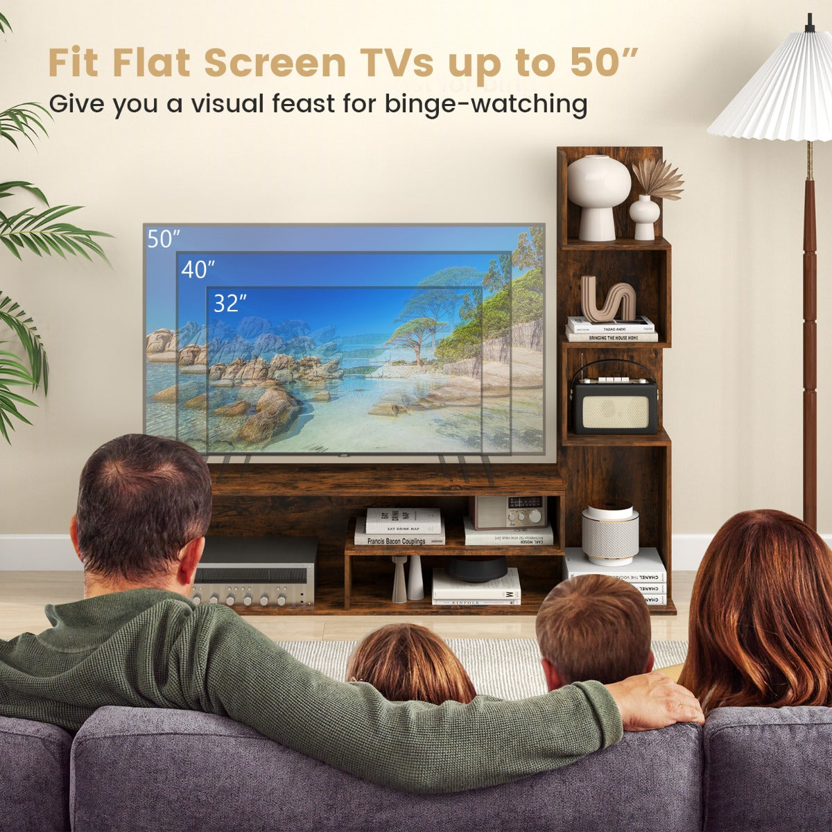LIVSK TV-standaard voor 50" TV's - L-vormige opbergplanken - Inclusief anti-kantelset - 144,5 x 29,5 x 121 cm - Wit/Bruin