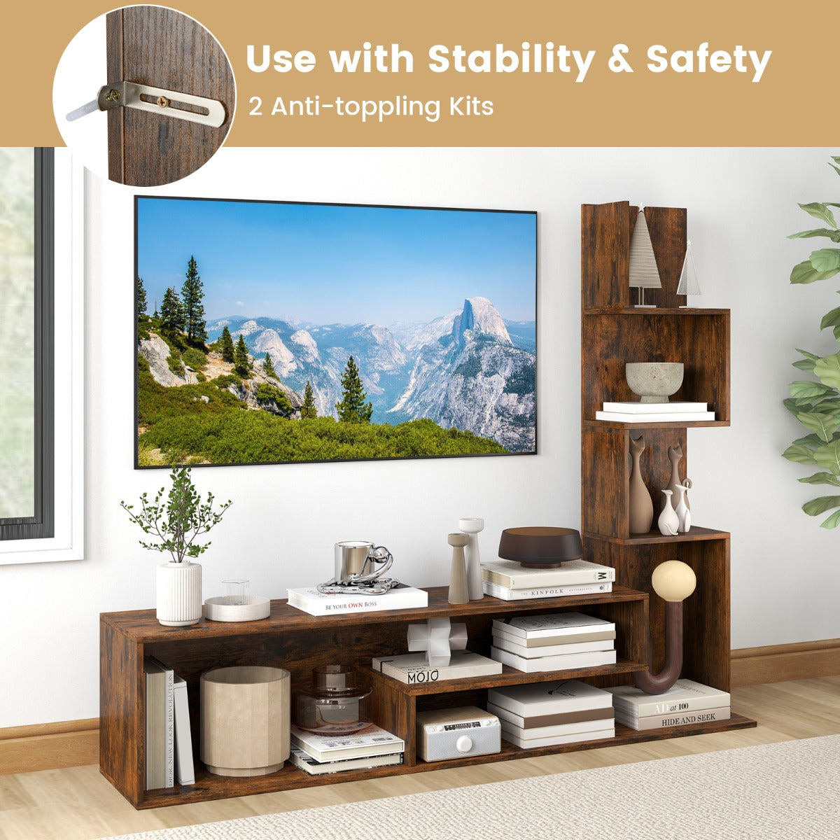 LIVSK TV-standaard voor 50" TV's - L-vormige opbergplanken - Inclusief anti-kantelset - 144,5 x 29,5 x 121 cm - Wit/Bruin