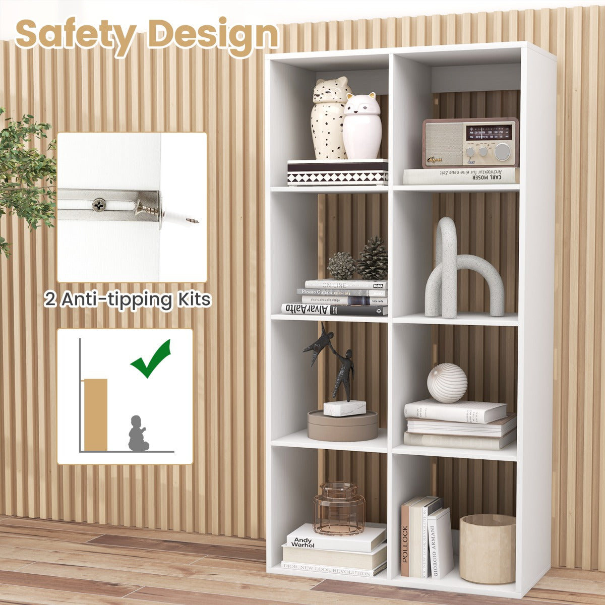 Livsk costway kubusboekenkast moderne kubusboekenkast met achterwandbescherming en kantelbeveiligingsset 695 x 33 x 137 cm wit 6