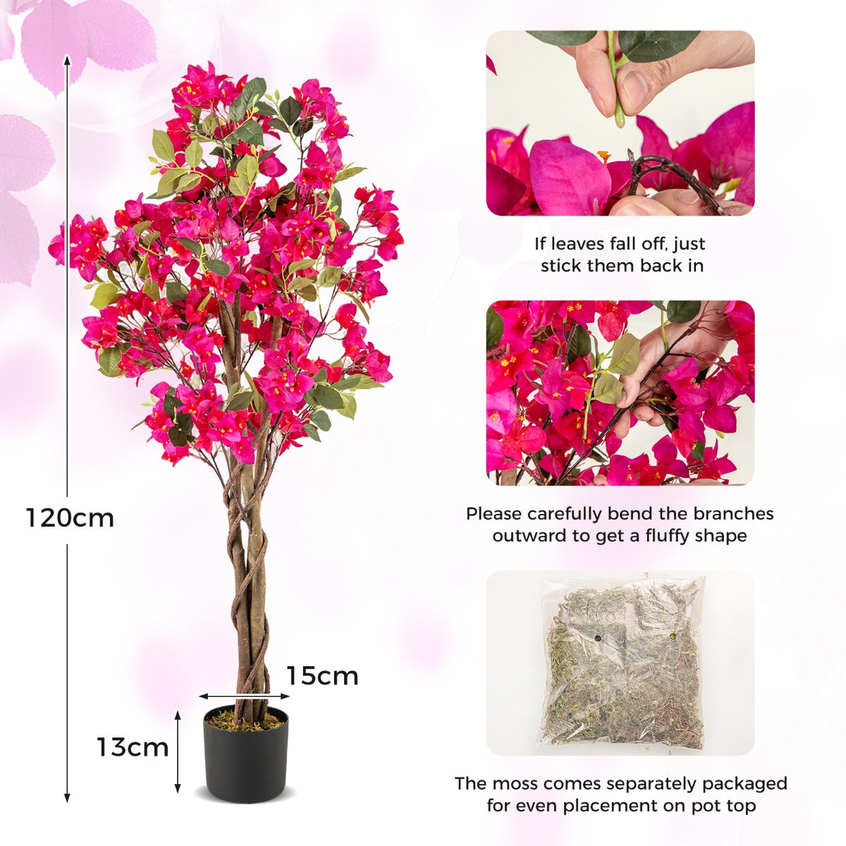LIVSK Kunstmatige Bougainvillea-boom 120 cm - Onderhoudsvrij - Houten Stam - Stabiele Betonnen Pot - Levendige Roze/Witte Bloemen