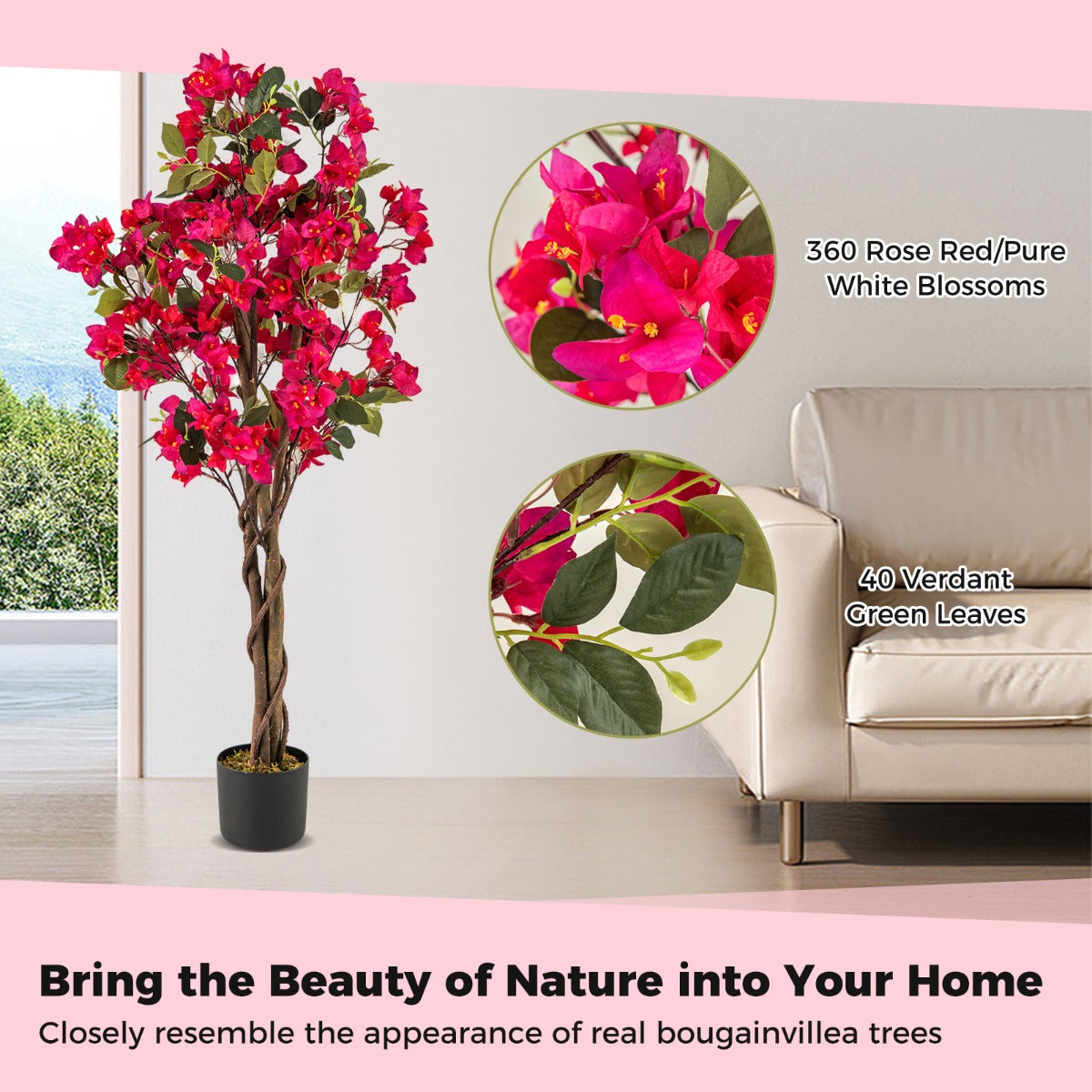 LIVSK Kunstmatige Bougainvillea-boom 120 cm - Onderhoudsvrij - Houten Stam - Stabiele Betonnen Pot - Levendige Roze/Witte Bloemen