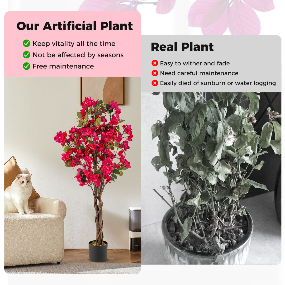 LIVSK Kunstmatige Bougainvillea-boom 120 cm - Onderhoudsvrij - Houten Stam - Stabiele Betonnen Pot - Levendige Roze/Witte Bloemen