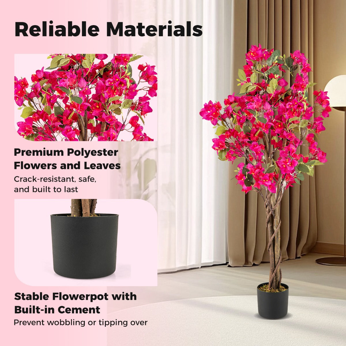 LIVSK Kunstmatige Bougainvillea-boom 120 cm - Onderhoudsvrij - Houten Stam - Stabiele Betonnen Pot - Levendige Roze/Witte Bloemen