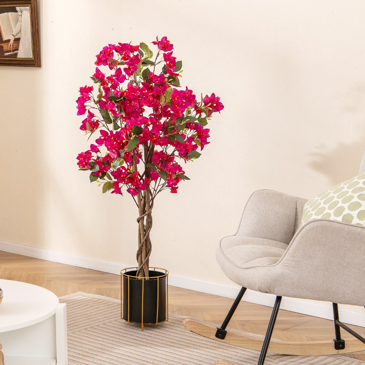 LIVSK Kunstmatige Bougainvillea Boom 120 cm - Realistische Houten Stam - Onderhoudsvrij - Stabiele Betonpot - Roze/Wit + Geel +