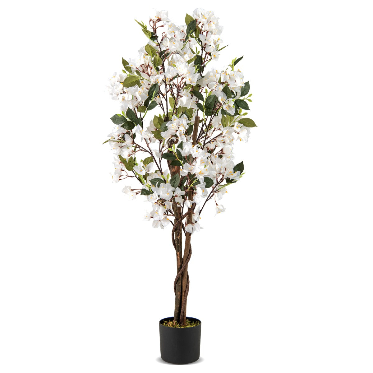 LIVSK Kunstmatige Bougainvillea Boom 120 cm - Houten Stam - Ondersteund door Betonnen Pot - Onderhoudsvrij - Roze/Wit