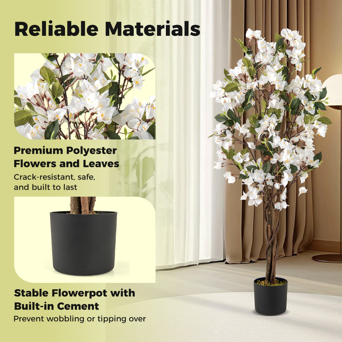 LIVSK Kunstmatige Bougainvillea Boom 120 cm - Houten Stam - Ondersteund door Betonnen Pot - Onderhoudsvrij - Roze/Wit