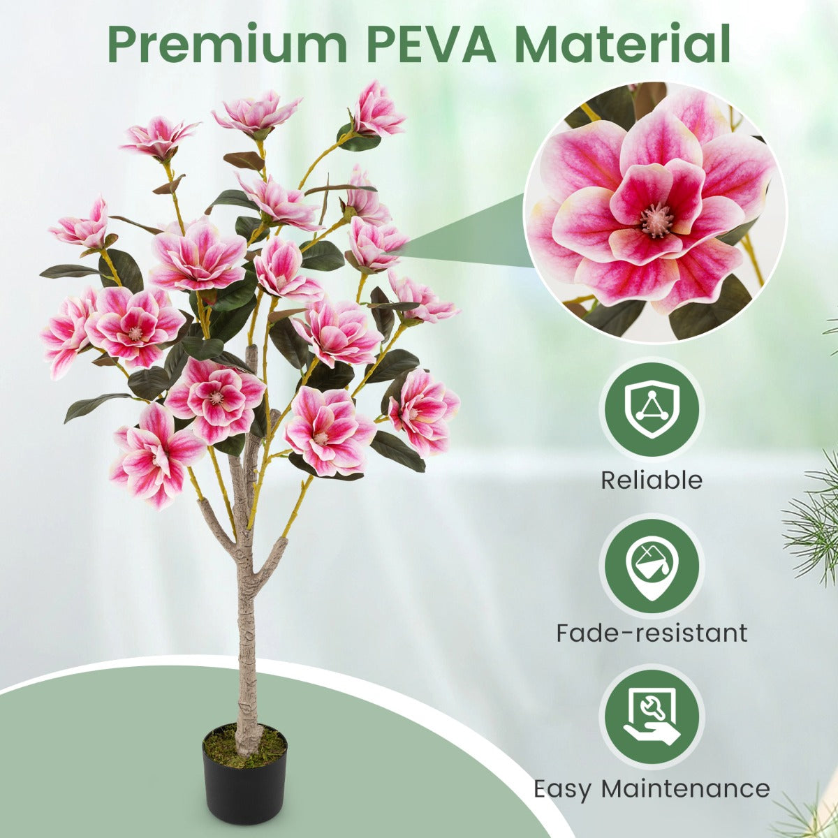LIVSK Kunstmatige Magnoliaboom - Onderhoudsvriendelijk - PEVA Bladeren - 18 Bloemen - 130 cm - Groen